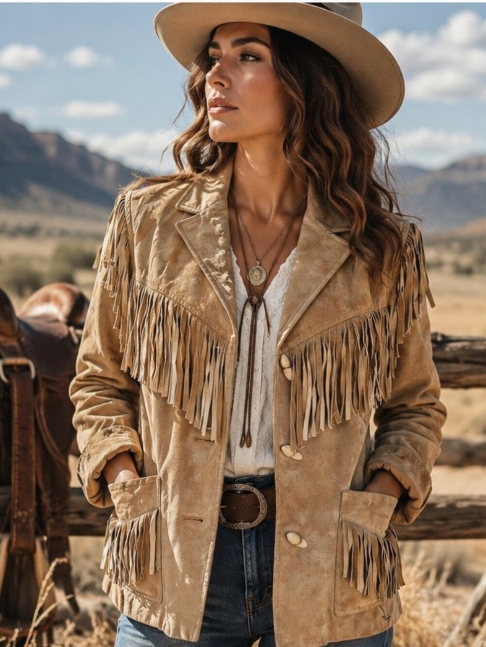 Vtg Lauren Ralph Lauren 100% Genuine Leather Suede Fringe Jacket Tan Western S/M - Picture 1 of 15
